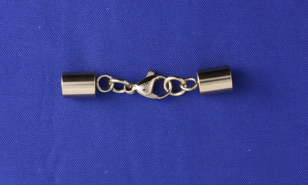 Endkappen mit Karabiner aus hochglänzendem Edelstahl mit goldfarbener Ionenplattierung, Innendurchmesser 5 mm